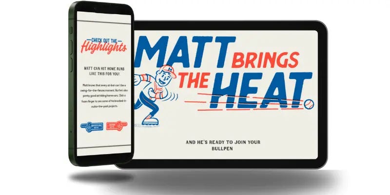 A smartphone and tablet displaying a promotional website for Matt