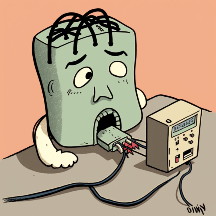 Cartoon of a head being plugged into some technology