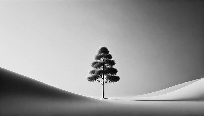 A single tree sits in the centre of an open, minimal landscape.