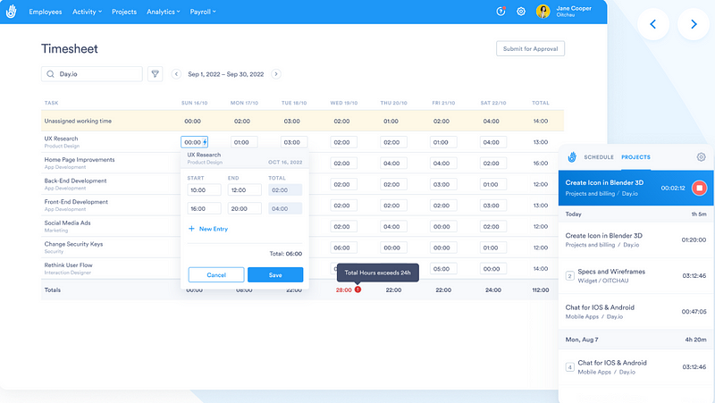 Day.io being the best overall time tracking and invoicing tool