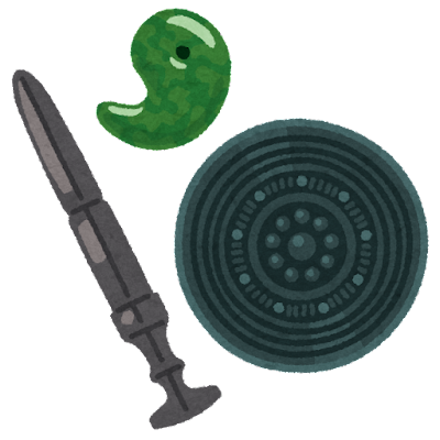 Comma-shaped jade jewel, sword, and old-fashioned, round, bronze mirror.