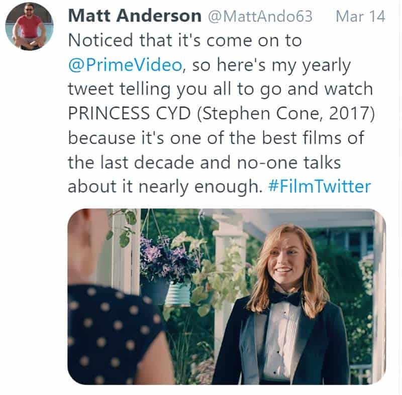 Another Twitter user advises everyone to watch Princess Cyd because no one talks about it nearly enough, and it’s one of the best films of the last decade.