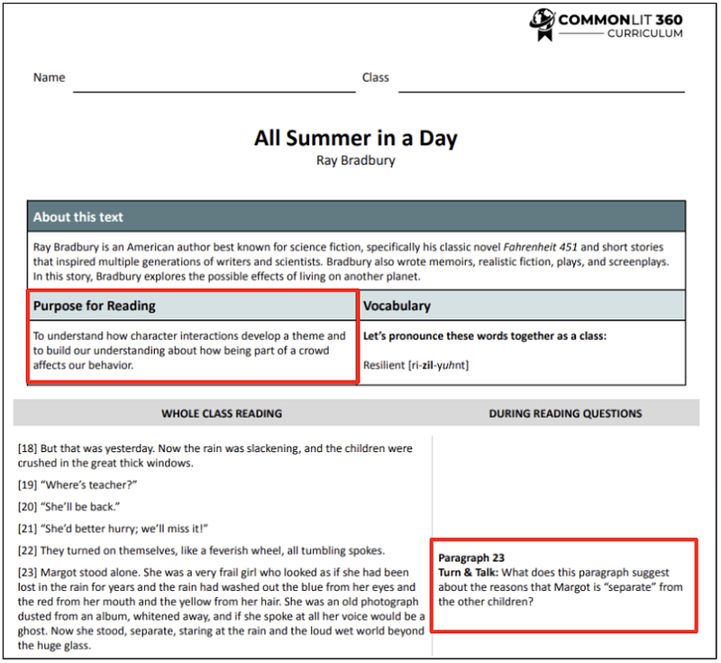 A PDF copy of the reading lesson "All Summer in a Day" with red boxes around the purpose for reading and a during reading question.