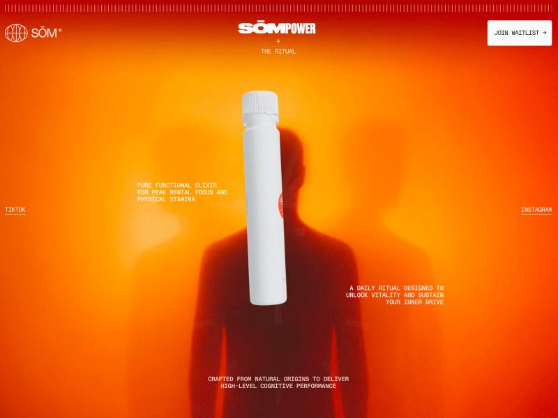 SOM Power website with minimal bottle design centered on vibrant orange gradient background, featuring bold branding and ritual-focused messaging