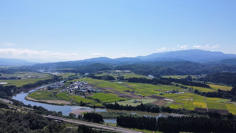 Sabane-yama offers 360 degree views of the surrounding mountains, such as Ha-yama (right) and Taruishi-yama in Murayama City, and of course the rice fields of Yamagata.