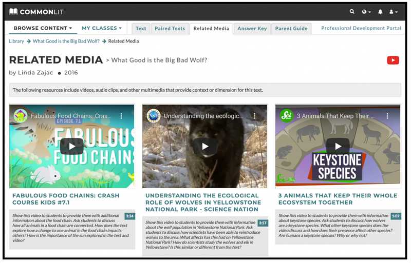 The Related Media tab for the CommonLit lesson "What Good is the Big Bad Wolf?"