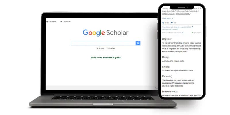 A laptop screen shows the Google Scholar homepage, while a smartphone displays an academic research article with an abstract and study details.