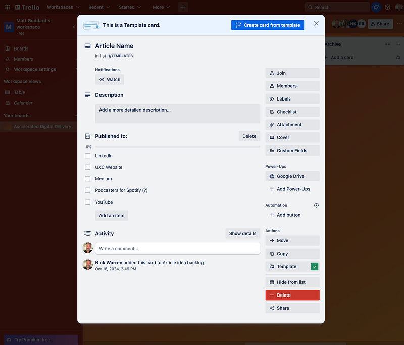 A basic Trello card template including a checklist for the publishing of our articles.