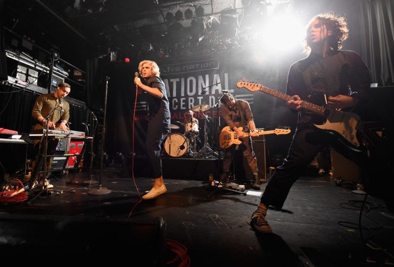 "NEW YORK, NY - MAY 03:  (L-R) Kenny Carkeet, Aaron Bruno, Isaac Carpenter, Marc Walloch and Zach Irons perform onstage during Awolnation live at Live Nation's 2nd Annual National Concert Day presented by Citi at Irving Plaza on May 3, 2016 in New York City.  (Photo by Kevin Mazur/Getty Images for Citi)"