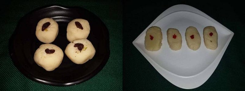 Final product prepared by using Doodh Peda Recipe with Khoya (left) and Milk Peda Recipe using Milk (Right).