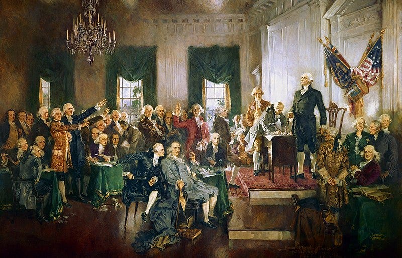 Signing of the United States Constitution with George Washington, Benjamin Franklin, and Alexander Hamilton (left to right in the foreground), painting Howard Chandler Christy.