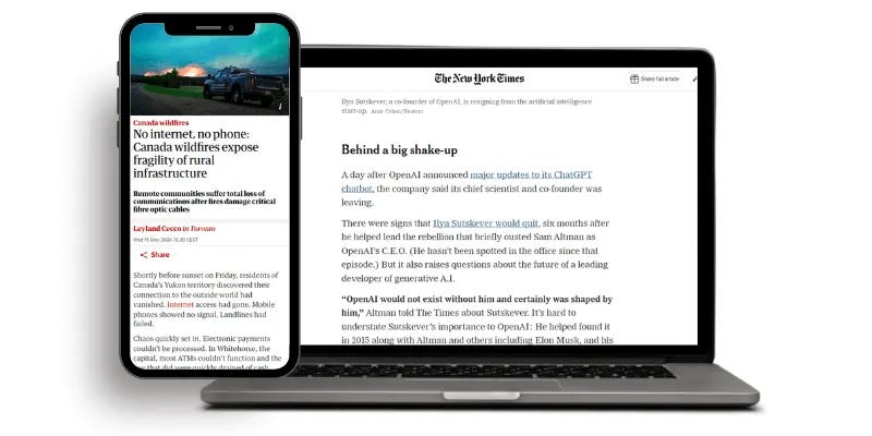 A smartphone displays a news article about Canada wildfires, while a laptop shows a New York Times article about a major shake-up at OpenAI.