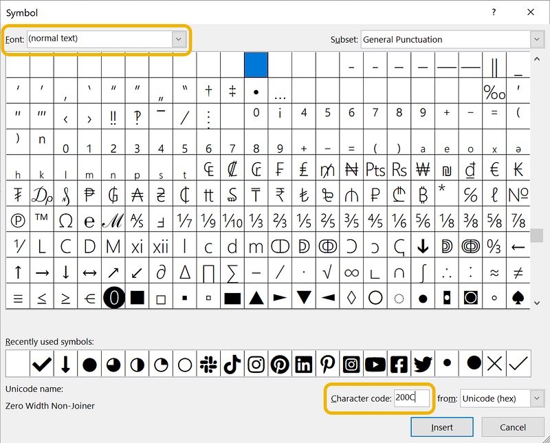 Windows insert Symbol dialog box with Font and Character code highlighted