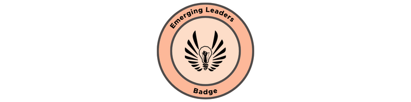 Round, peach colored badge with the logo of Black Girl Ventures and the words Emerging Leaders Badge.