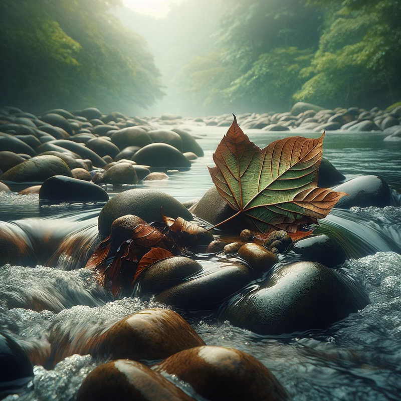 leafs stuck on a pile of rocks in the river stream