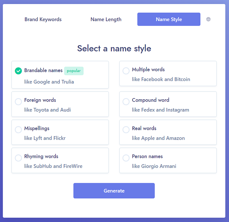 Namelix UI showing the site's "name style” options