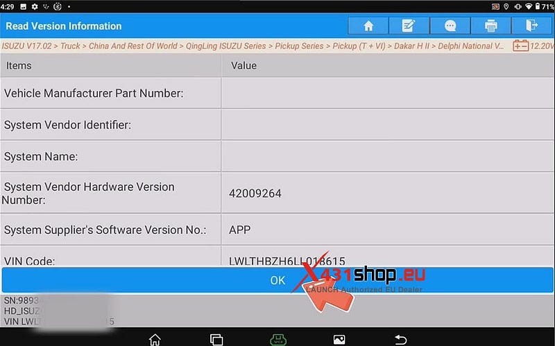 LAUNCH X431 PAD Write VIN for ISUZU TAGA Truck