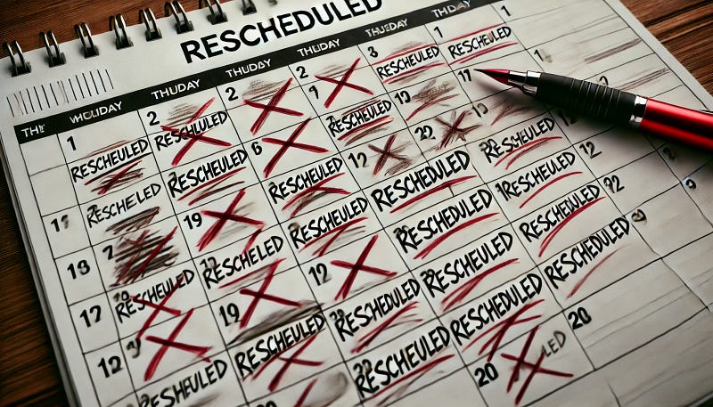 Calendar with Rescheduled Dates: A close-up of a calendar with multiple crossed-out dates and the word “Rescheduled” marked several times.