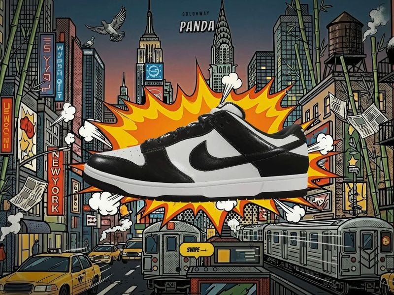 A bold illustrated city scene with comic-style buildings and trains, featuring a black-and-white sneaker exploding into view at the center against a pop-art burst, creating a dynamic streetwear-inspired visual.