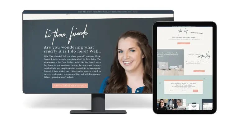 Website of a freelance writer Kat Boogaart displayed on a desktop monitor and a tablet.
