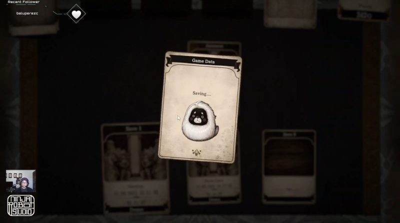 Voice of Cards game screenshot with saving indicator