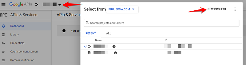 Screenshot: In the Google API and Cloud consoles, you create a new project via the project selection menu