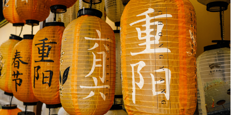 Chinese lanterns with holiday names written on them