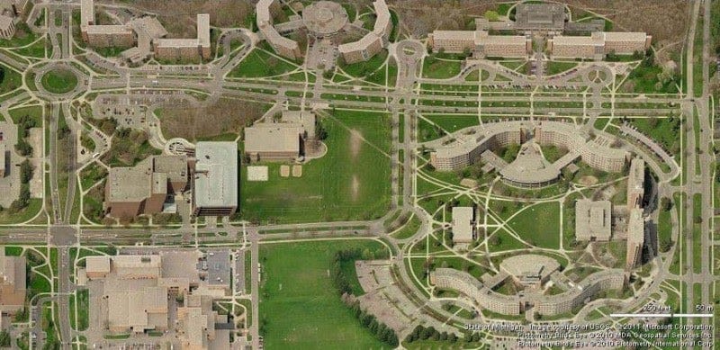 Aerial Photograph of Michigan State University showing paths created by students walking across the lawn.