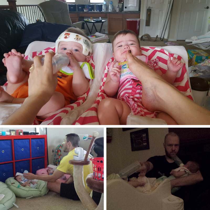 A collage of how triplet parents fed two babies at once. Top: Two babies in Table for Two feeding system. Bottom left: Man feeds babies lying on inclined pillows. Bottom right: Man feeds two babies by balancing one baby’s bottle with chin.