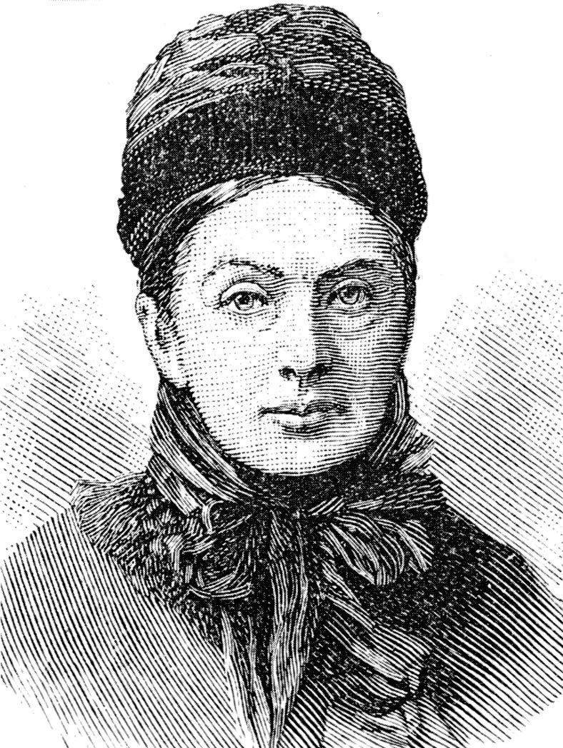 A black and white illustration of Isabella Bird, the woman who noted the pyramidal shape of Yakushi-san and the other two mountains of Kaneyama