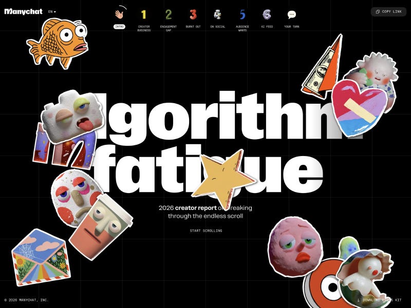 Algorithm Fatigue interactive page with bold white typography on dark grid background and scattered playful sticker-style illustrations