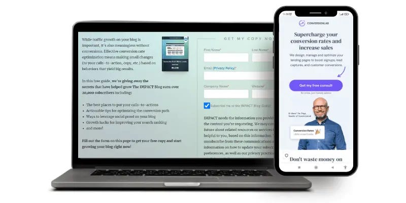 Laptop displaying a copywriting text on growing blog traffic next to a smartphone showing a landing page for increasing conversion rates and sales.