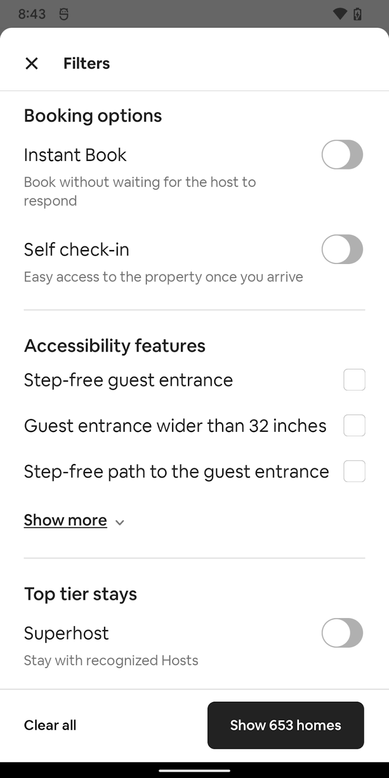 The accessibility filters screen for a stay includes a large icon, a heading, subheadings, multiple checkbox options for various features (such as “no stairs or steps to enter”), and a footer..