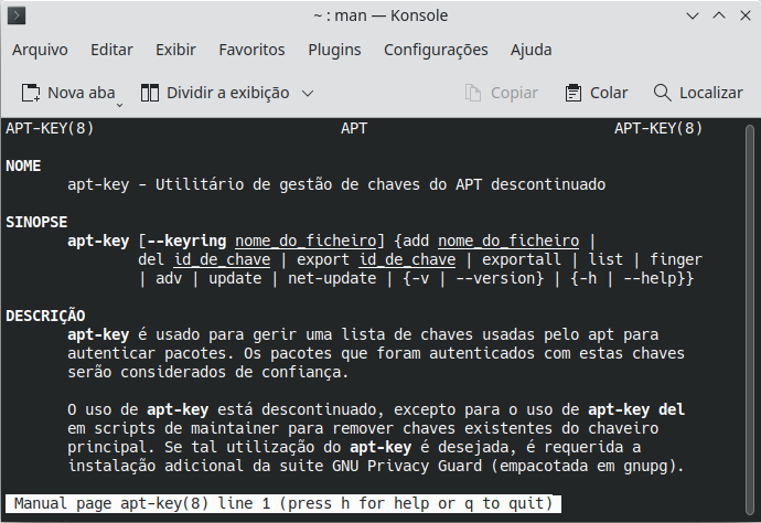 Terminal mostrando o manual do apt