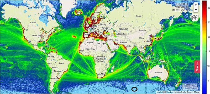 Maritime traffic density map as of the year 2015.