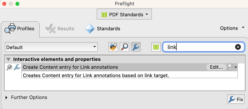 Preflight panel showing the fixup — Create Content Entry for Link Annotations fixup.
