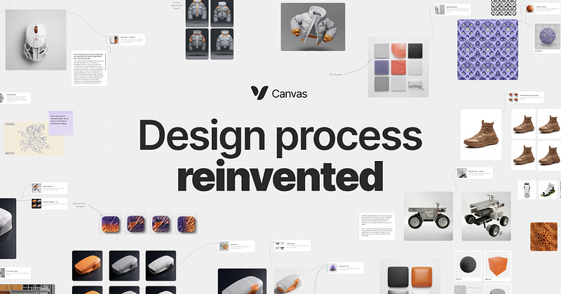 Design workflow canvas showing interconnected assets, 3D models, materials, and UI elements around the headline “Design process reinvented,” illustrating a unified 2D and 3D creative system.