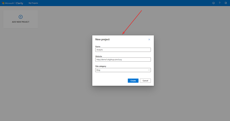 On your Microsoft Clarify account page, create a new project