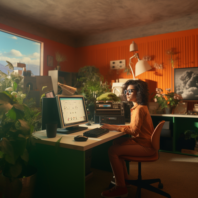 A female developer in orange sat at a computer