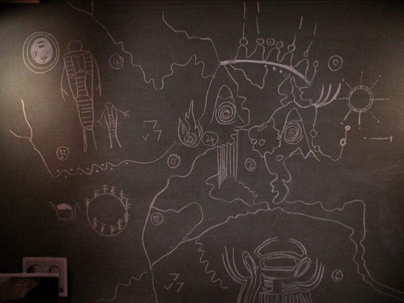 the owl map drawn on a blackboard