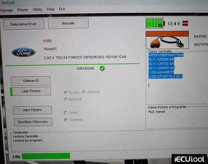 Foxflash Read and Write Ford Transit DCU101 via OBD