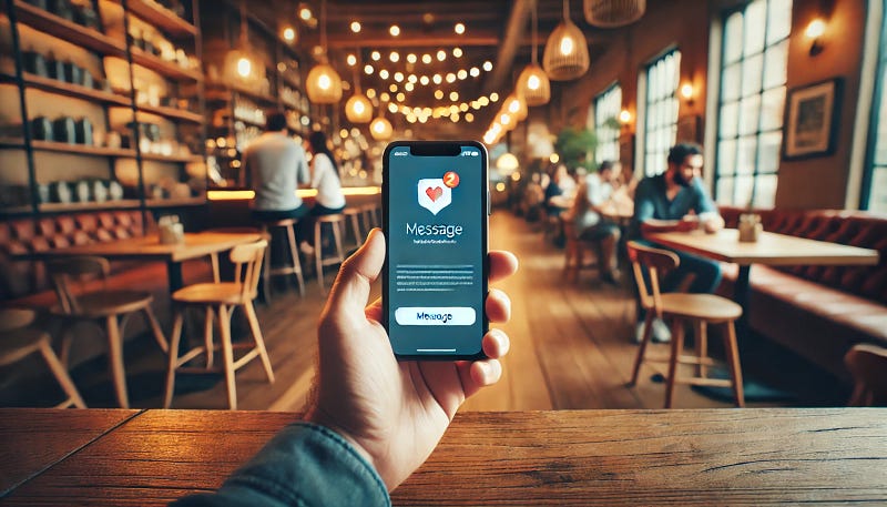 Here is the image you requested of a hand holding a smartphone with a dating app message notification, set against a blurred cozy coffee shop background.