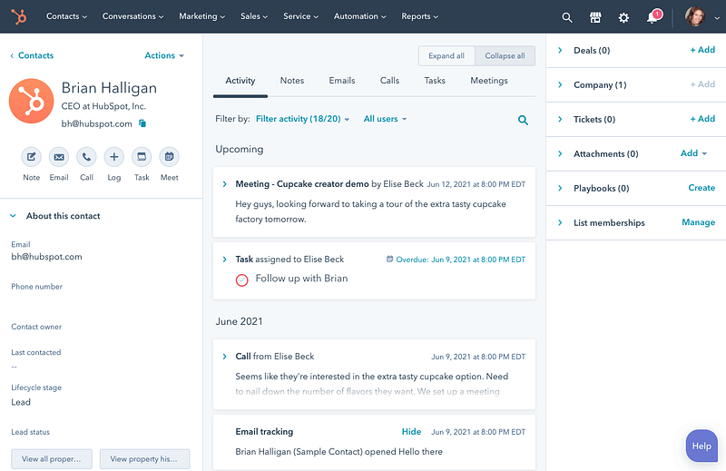 HubSpot Activity page — The Best Free CRM For Startups 