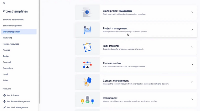 project templates on Jira Work Management 