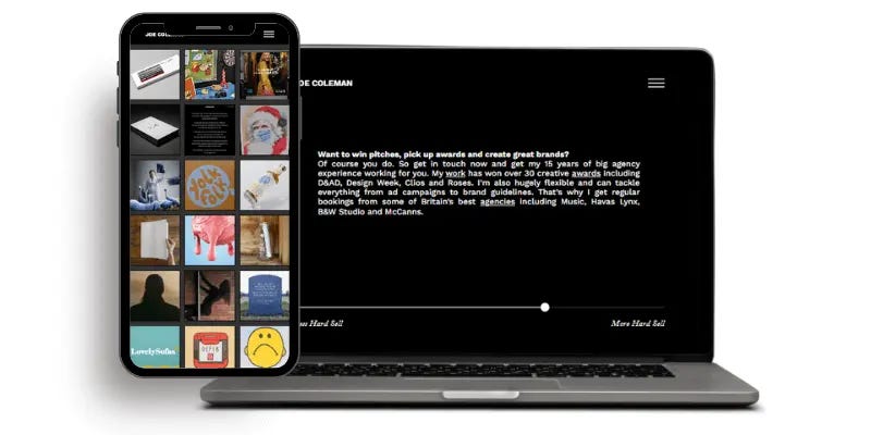 A laptop and smartphone display the portfolio website of a freelance copywriter named Joe Coleman, featuring a grid of creative work samples and a detailed professional bio.