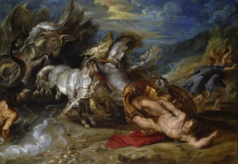A classical painting of Theseus’s son Hippolytus falling from a chariot, nude, during a race. The chariot is gold and pulled by large white horses.