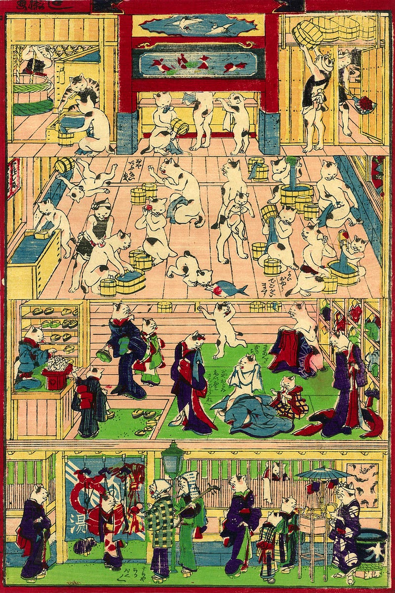Illustration of cats in various rooms and in various states of dressed and undressed at a public bath.