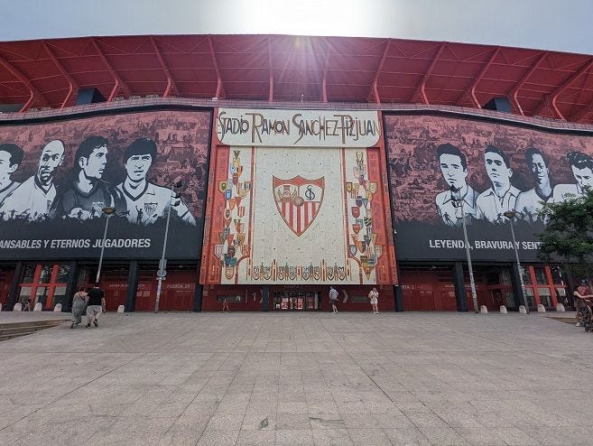 Entrance of Estadio Ramon Sanchez Pizjuan with photos of legends