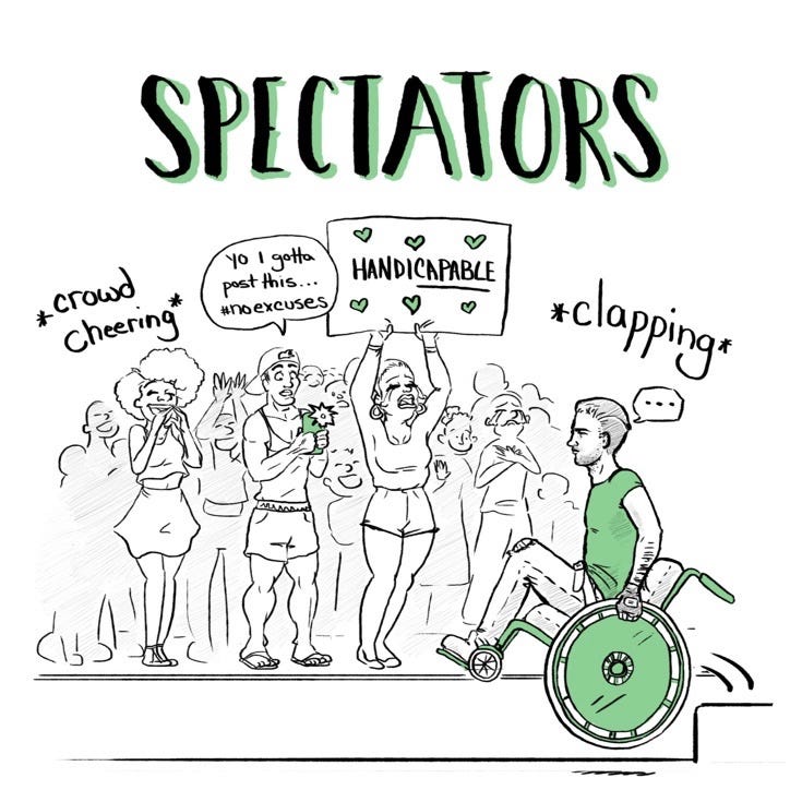 A comic showing a crowd of people in the background clapping and cheering, holding up signs saying “yo I gotta post this, #NoExcuses” and “Handicapable”. In the foreground is a wheelchair user, seemingly going about his day, confused/annoyed at the crowd. The caption reads “He’s just running some errands, guys.”