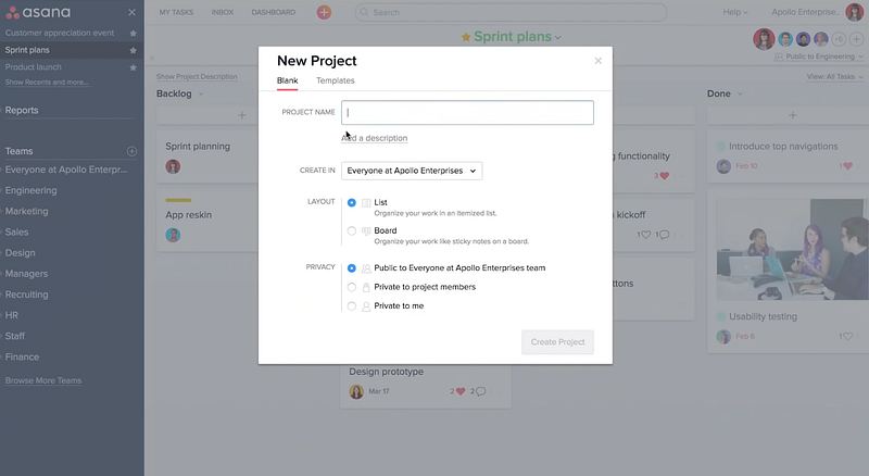 creating a new project on Asana